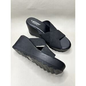 CALLISTO OF CALIFORNIA Black Stretch Cross Cross Fabric Wedge Sandals Size 7